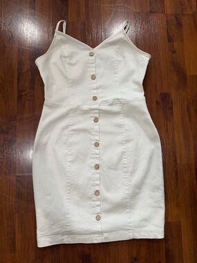 Blashe Denim Form Fitting Dress Womens Sz L Sleeveless Mack Button Stretch White